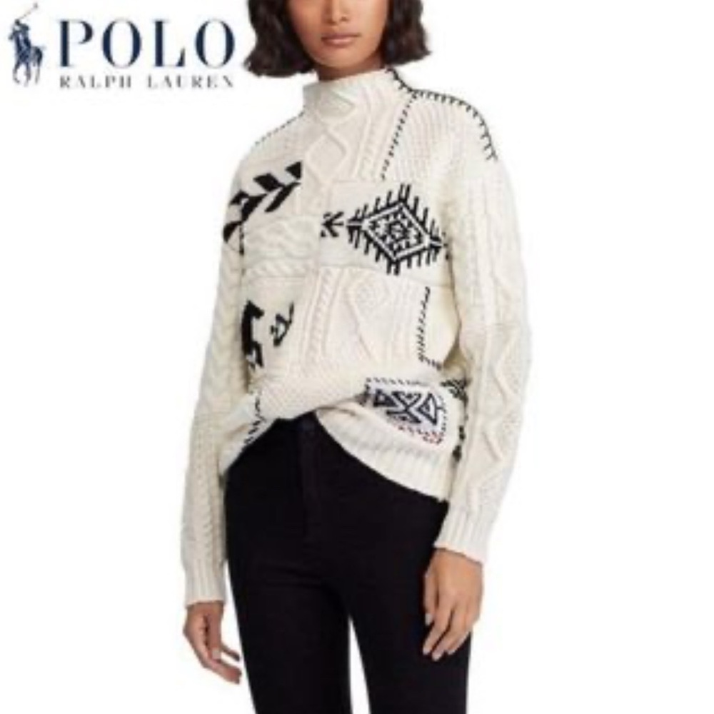 Ralph Lauren CableKnit Wool Alpaca Sweater Horse Equestrian Patchwork Mock Neck - Picture 7 of 7